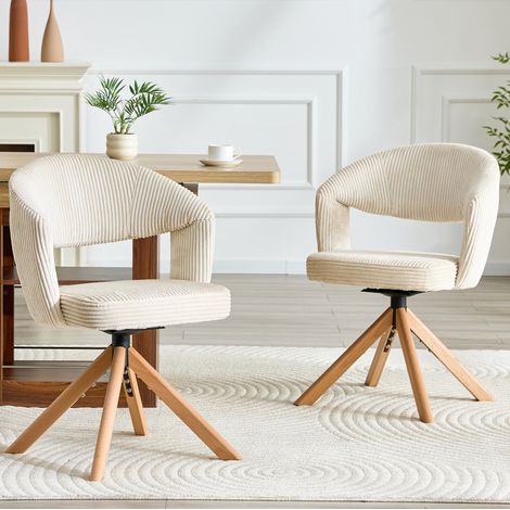 Lot de 2 chaises pivotantes en velours côtelé crème avec dossier ergonomique – H 81,5 cm, assise 49 cm (1/5)