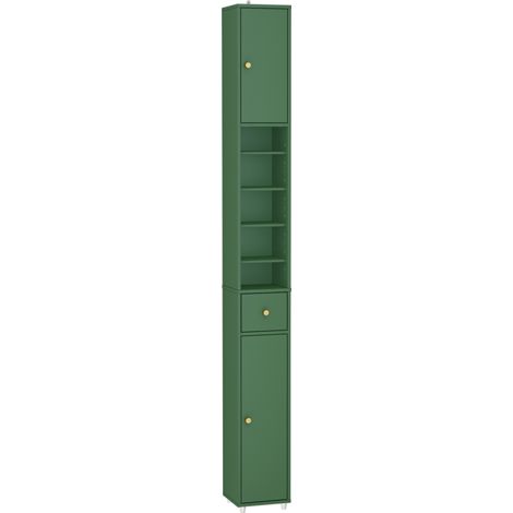 SoBuy Bathroom Cabinet Column, Narrow Storage Cabinet with Drawer and Adjustable Shelves - Compact Bathroom Cabinet for Toilet, Small Spaces - Dark Green, MDF, 20x20x180cm, BZR34-II-SY