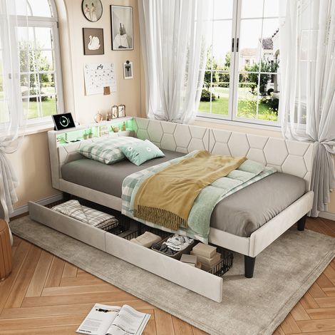 Lit simple 90x200 cm avec rangement, cadre de lit beige rembourré, tête de lit LED RGB, 2 tiroirs coulissants et sommier à lattes (1/5)