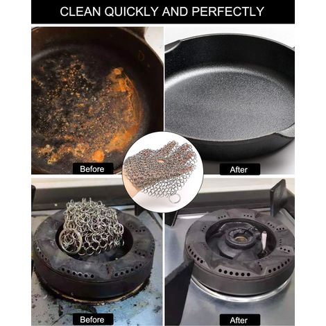 Nettoyeur de poêles en fonte avec bras à chaîne, lot de 2 brosses à chaîne en acier inoxydable (rond de 7 et 5 pouces). (1/4)