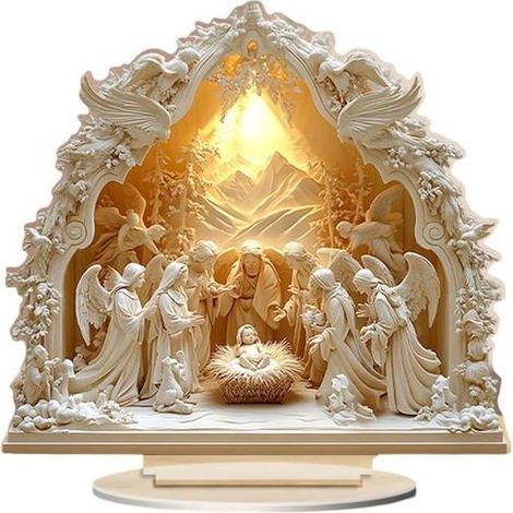 Sculpture artistique 2D représentant une scène de la Nativité, avec socle, en acrylique, ornement de bureau. (1/4)