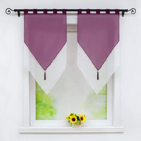 Rideau fenêtre, 2 voilages Transparents, Violet, 60x90 cm (1/5)
