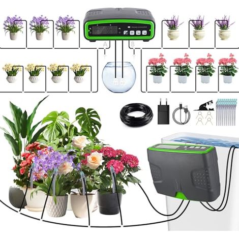 Automatische Bewässerung Indoor,Bewässerungssystem mit Doppelte Pumpe Unabhängige Kontrolle,Einstellbare Wassermenge,DIY-Tropfbewässerungsset für 20 Topfpflanzen,Ideal als Urlaubsbewässerungssystem (1/5)