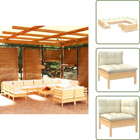 13-tlg. Garten-Lounge-Set mit Creme Kissen Kiefernholz - Gartensessel - Lounge Set - Gartenmöbel - Kiefernholz Möbel - Outdoor Furniture