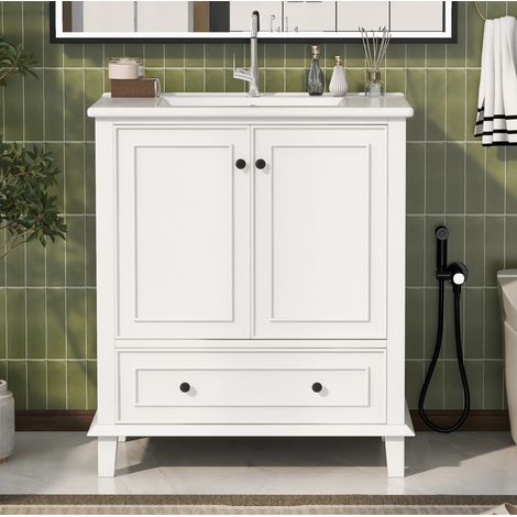 Mueble lavabo 76x46x87 cm en MDF blanco con lavabo cerámico y almacenaje – MEUBLIV (1/5)