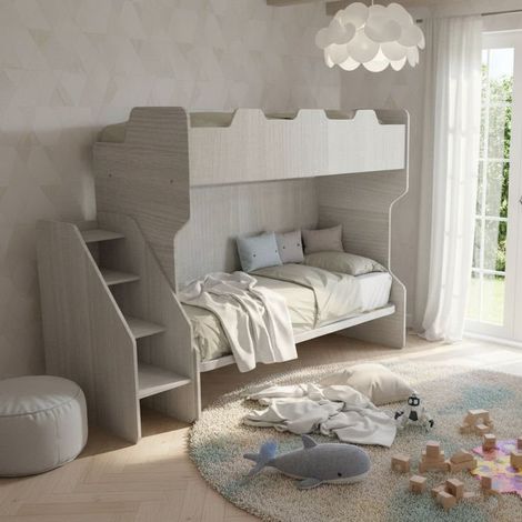 Letto a castello salvaspazio con terzo letto estraibile e scala laterale - Ideale per camerette - Rovere rock