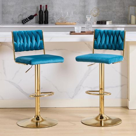 Barhocker 2er Set, drehbar, höhenverstellbar, Samt, geflochtene Lehne, Gold, Teal (1/5)