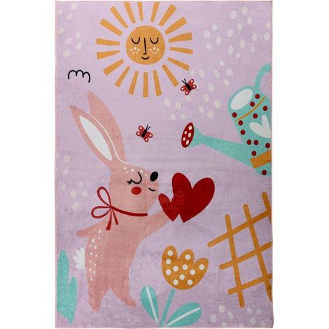 Tapis enfant rose doux lavable motif lapin soleil - 160 x 115 cm (1/5)