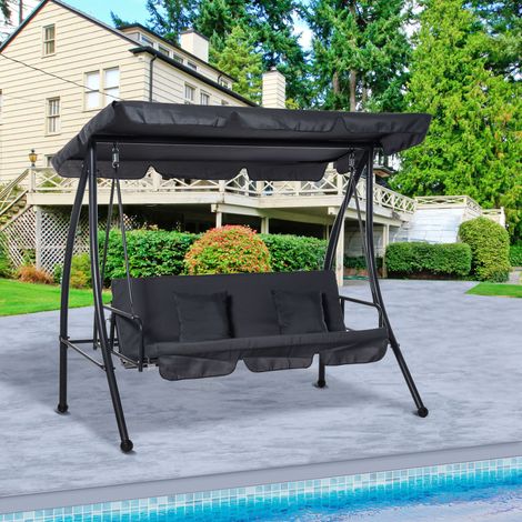 Balancelle de Jardin Convertible 3 Places Grand Confort Inclinaison Toit réglable Matelas fourni 2L x 1,25l x 1,7H m métal Polyester Noir Anthracite