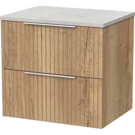 Callingwood Contemporary Wall Hung 2 Drawer Vanity Unit with White Sparkle Laminate Worktop , 600mm, Autumn Oak