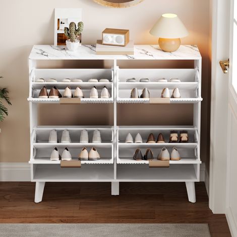 Mobile portascarpe 105x24x95,5 cm in MDF bianco, 4 ante a ribalta salvaspazio – MEUBLIV (1/5)