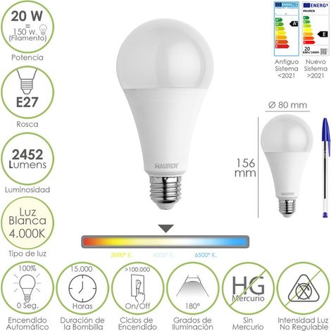 Ampoule LED Standard à vis E27. 20 Watts. Équivaut à 150 Watts. 2452 Lumens. Lumière neutre (4000 K).