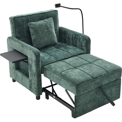 Fauteuil-lit deux-en-un, canapé-lit simple, fauteuil (avec coussin et poches latérales), avec une petite tablette d’un côté et une poche de rangement de l’autre côté (chenille verte)