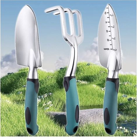 3 pièces outil de jardin, pelle en alliage d'aluminium, truelle graduée, rateau cultivateur, poignée ergonomique en caoutchouc antidérapant (1/4)