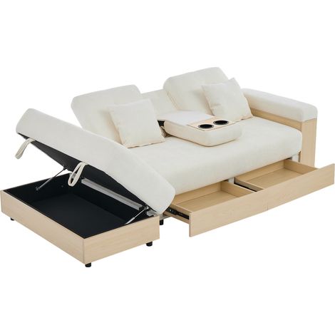 Sofá Cama 3 Plazas con Arcón, Respaldo de 3 Posiciones, 2 Cajones, Portavasos, Chenilla, Beige (1/5)