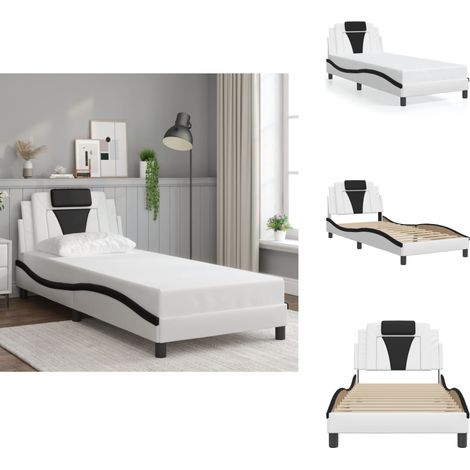 Cadre de lit sans matelas blanc et noir 90x190 cm similicuir - Lit Plateforme - Lit Double - Cadre De Lit - Literie - Meuble De Chambre (1/5)