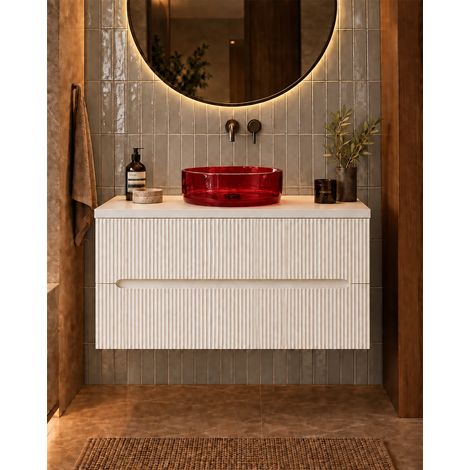 Mobile bagno bianco opaco 70x46 cannettato Ischia ciotola in resina rosso (1/5)