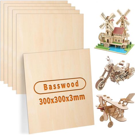Contreplaqué 3mm Feuilles de Bois de Tilleul 30 x 30cm Lot de 6 Contreplaqué, pour Pyrogravure DIY, Bois pour Gravure Laser, l'artisanat, le modélisme (1/5)