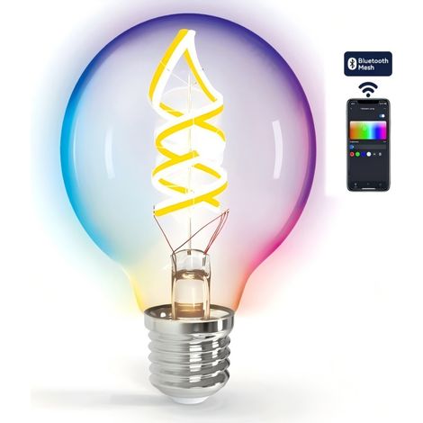 Ampoule connectée Aigostar G80 E27 4,9 W RGBW à filament spiralé et verre dégradé, avec Bluetooth et LED RGBW.