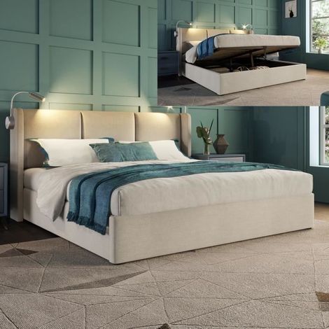 Lit cofano 160x200 cm - con rete a doghe - lampade da lettura e porte USB - tessuto in lino - beige