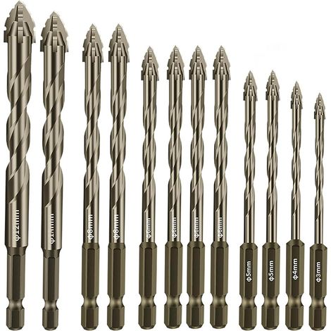 Juego de 12 brocas excéntricas de 4 flautas, brocas dentadas, vástago hexagonal de 1/4", brocas multiusos de alta dureza para vidrio, cerámica, madera y metal (3) (1/5)