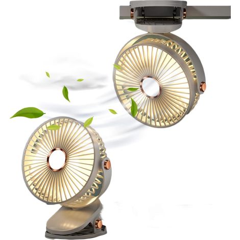Ventilateur de table avec pince et lumières, rechargeable par USB, batterie 2400 mAh, 5 vitesses, mini ventilateur portable de 15 cm (6 pouces), idéal pour le camping, la maison, les voyages et l'inté (1/5)