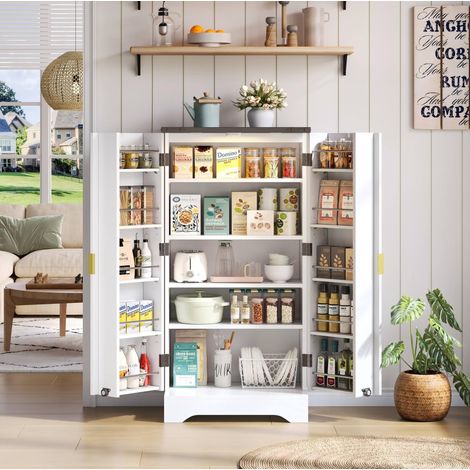 Armario alto de cocina 120x60.5x40 cm blanco en MDF con luz LED con sensor y estantes ajustables (1/5)