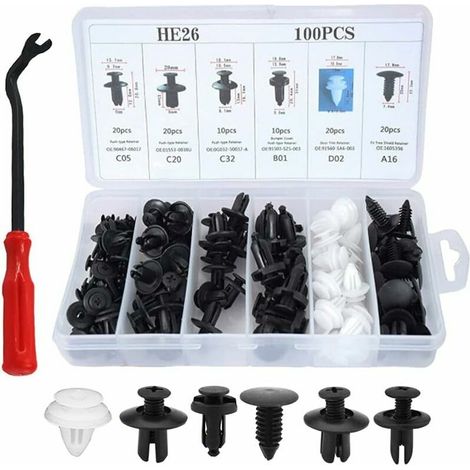 VEBTles 100 Stück Nieten-Kunststoff-Clips, Kunststoff-Clips, Auto-Clips, Peugeot-Karosserieverkleidungs-Clips mit Entfernungswerkzeug, universelle Auto-Clips für Auto-Türverkleidungen