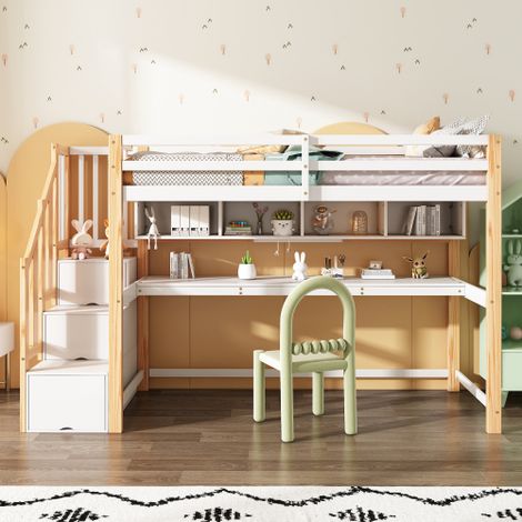 Letto a soppalco per bambini [vecchio codice articolo 30606012AAN] Letto per bambini con ampia scrivania e mensole, vernici ecocompatibili, naturale e bianco [VECCHIO CODICE ARTICOLO: N634P18638123W-1 (1/5)