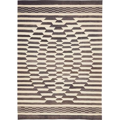 Tapis kilim 213 x 305 cm, motif géométrique, crème et marron, en laine naturelle, tissé plat, artisanat iranien (1/5)