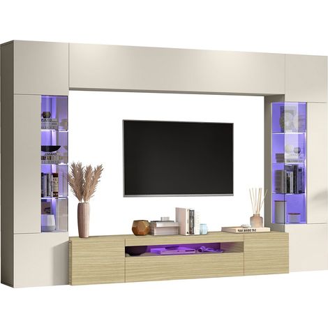 Wohnwand Solopaca, Wohnzimmermöbel 14 Regale, Türen Made in Italy, 24 Fächer, 290x40x190h cm Eichenbraun