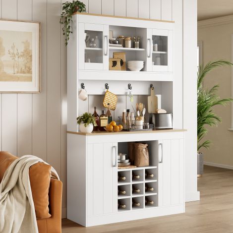 Credenza/buffet da cucina con vetrina, 175 cm, mobile da cucina con ante in vetro, portabottiglie e gancio, grande credenza/dispensa/mobile da cucina per cucina, sala da pranzo, soggiorno