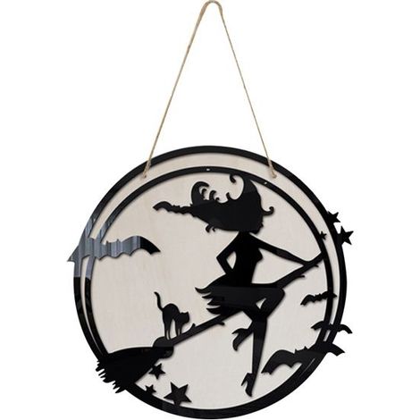 Plaque de porte Halloween en bois à suspendre avec motif de sorcière, décoration murale en bois pour Halloween, fête, extérieur (1/5)