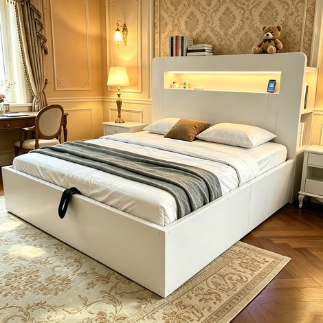 Lit coffre 140x200 cm avec rangement hydraulique, tête de lit avec LED et prises intégrées, bois blanc (1/5)