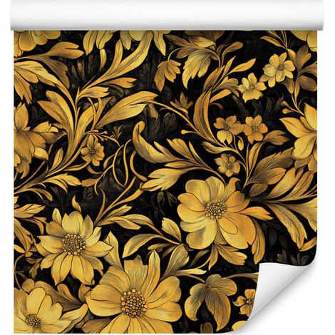 Papier peint ocre hibiscus doré pour salon et chambre 50x1000 cm (1/5)