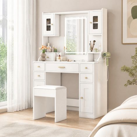 Tavolo trucco 105/40/152 cm bianco con 6 cassetti, 4 ante, specchio LED e prese (1/5)