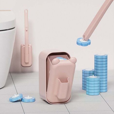 Disposable pink plastic toilet brush, 40 cm long, toilet cleaning supplies with holder and 6 replacement brush heads, 1 (1/4)