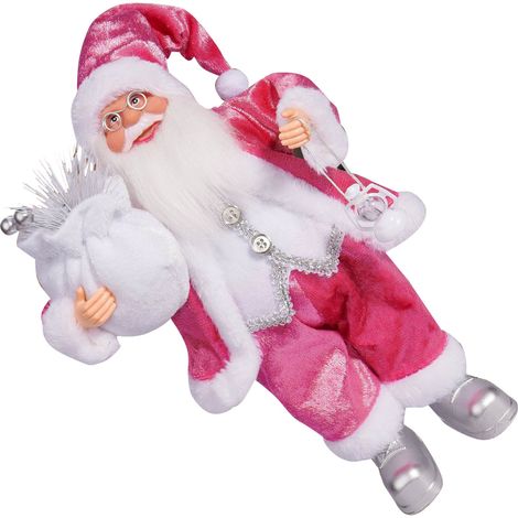 Poupée Santa 32 cm en tissu, décoration Noël debout pour salon cheminée centre de table vitrine figurine rose