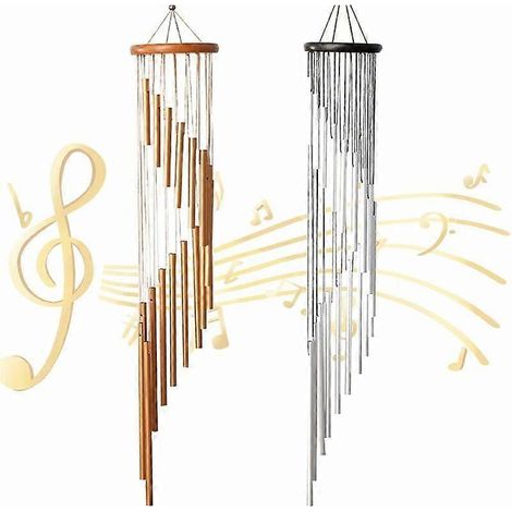 2 stuks windgong voor buiten, massief hout en 18 inch (ca. 45 cm) geschuurde aluminiumlegering, goud- en zilverkleurige windgong, 35 inch (ca. 89 cm) grote windgong met S-haak voor tuin en terras (1/5)