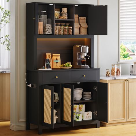 Küchenschrank hoch 100 x 40 x 180 cm mit RGB-LED, Steckdosen und 2 Schubladen, schwarz OKMYHOME (1/5)