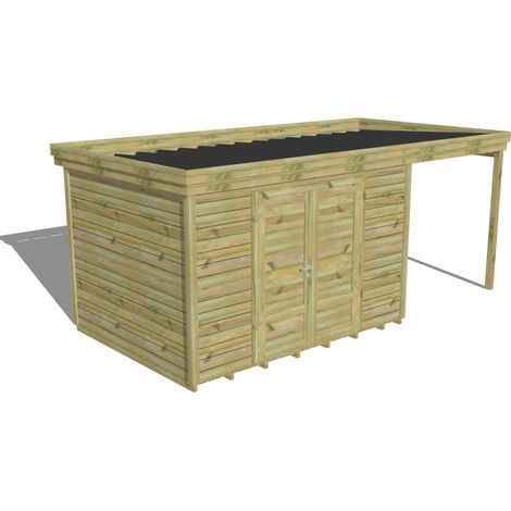 ABRI DE JARDIN bois Pin autoclave 27mm - 5,44x2,64m / 14,4m2 - Bac acier - Plancher bois (1/5)