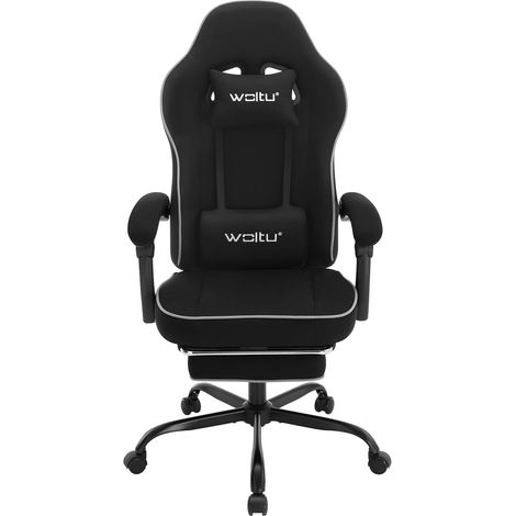 WOLTU Silla Gaming con MasajeSilla Gaming con Reposapiés Telescópico, Reposacabezas y Soporte Lumbar, Tela de Malla, Negro