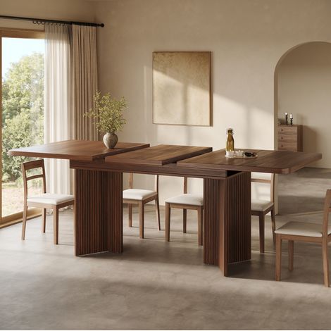 Tavolo da pranzo allungabile 120x80x76.1 cm, piano estensibile, gambe a V con rilievo verticale, MDF e metallo, marrone (1/5)