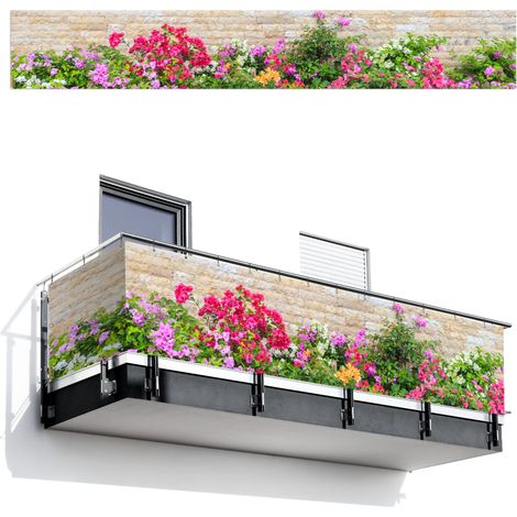 Balcony Privacy Banner Flowers - Plants - Leaves - Stones 500x80 cm