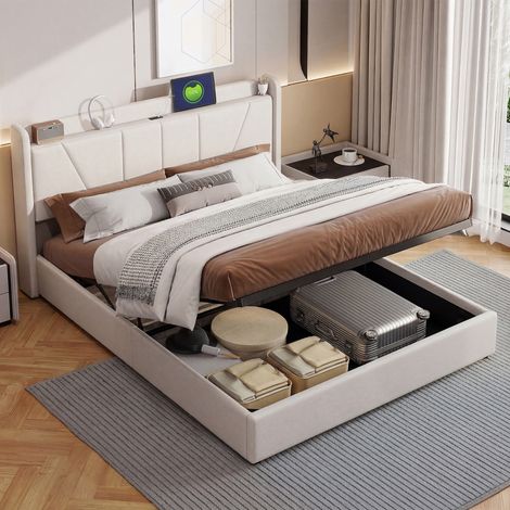 Lit coffre 140 x 200 cm, lit 140x200 avec sommier, lit adulte avec port USB, cadre de lit, avec tete de lit, Beige, matière lin (1/5)