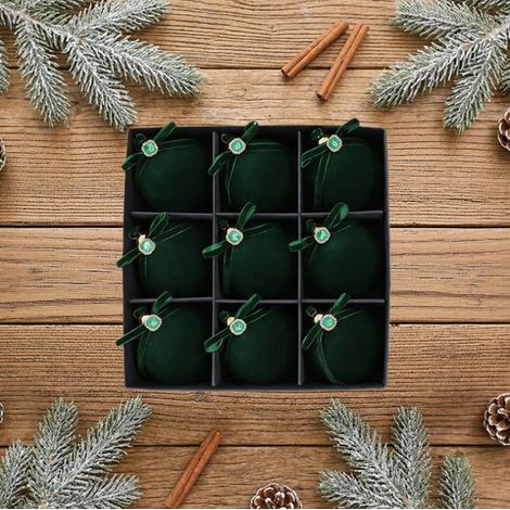 Coffret 9 boules de Noël en velours vert émeraude 8 cm, ornements suspendus sapin de Noël, décoration festive (1/4)