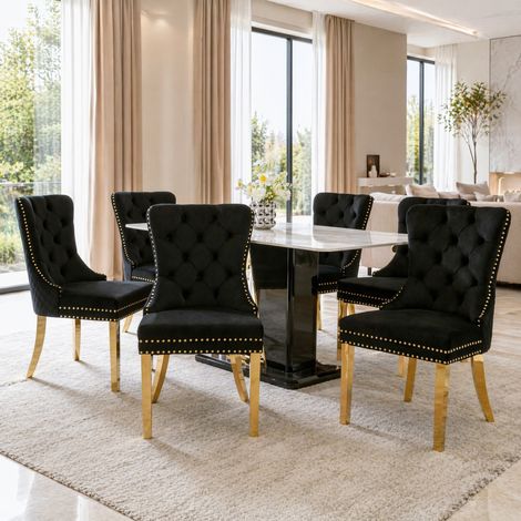 Lot de 6 chaises de salle à manger 65,5x51x95 cm en velours noir et acier doré, stables – MEUBLIV (1/5)