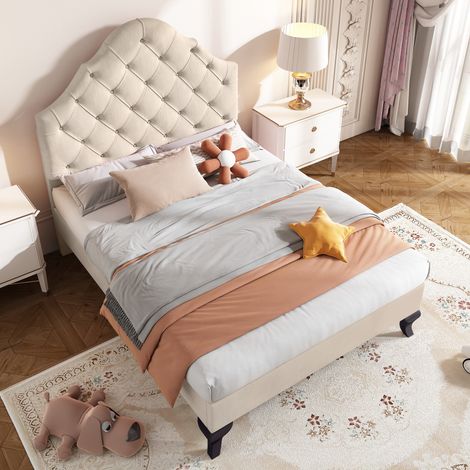 Lit adulte Lit adolescent Lit simple capitonné 90 x 200 cm avec sommier à lattes et tête de lit, en velours, beige
