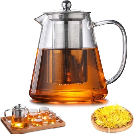Théière avec infuseur et couvercle, 1300 ml - Théière en verre borosilicate, théière en verre avec infuseur amovible, théière en verre robuste et résistante à la chaleur pour thé en vrac, thé aux (1/5)