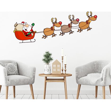 Sticker Noël Père Noël joyeux et ses rennes - Autocollants stickers adhésifs noël - décoration fêtes - 30x80cm (1/4)
